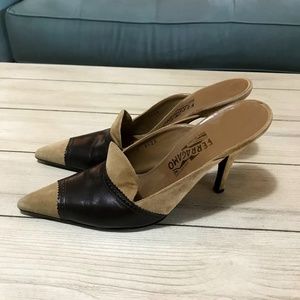 Salvatore Ferragamo Brown and Tan Leather Mules